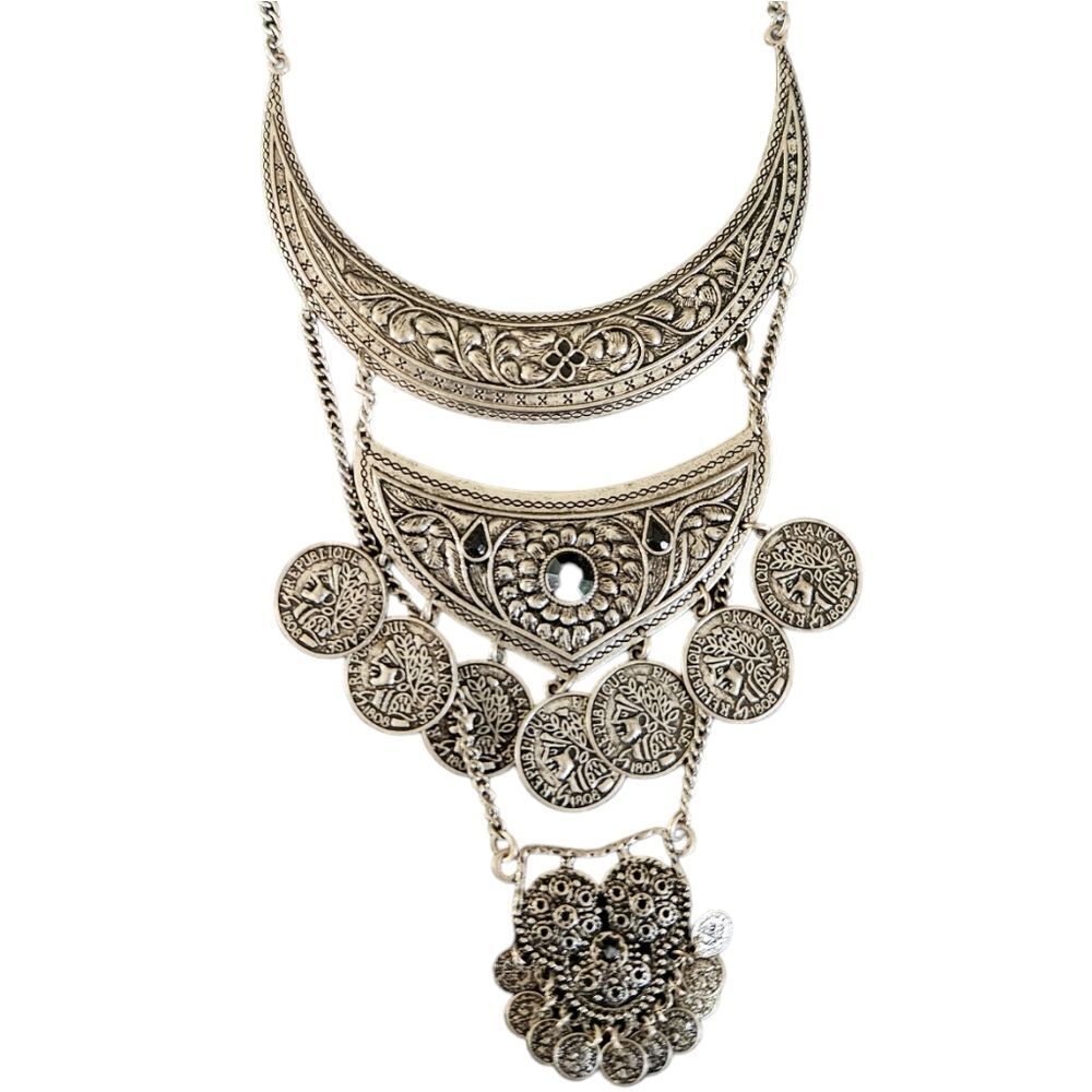 Y2K French Napoleon Coin Statement Oxidized Silver Tone Boho Tribal Bib Necklace